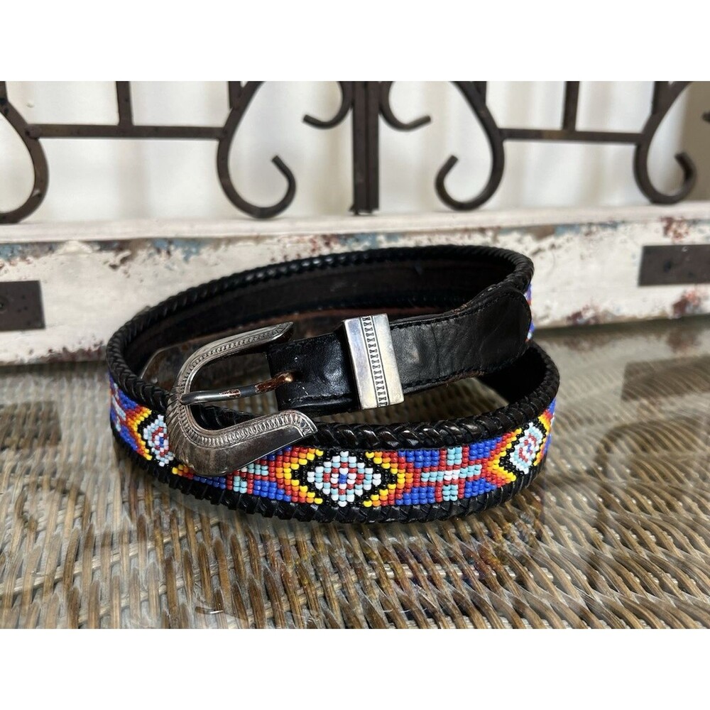 Vintage Women's Beaded Western Leather Belt Sz 34 Aztec Native Rodeo Made In USA